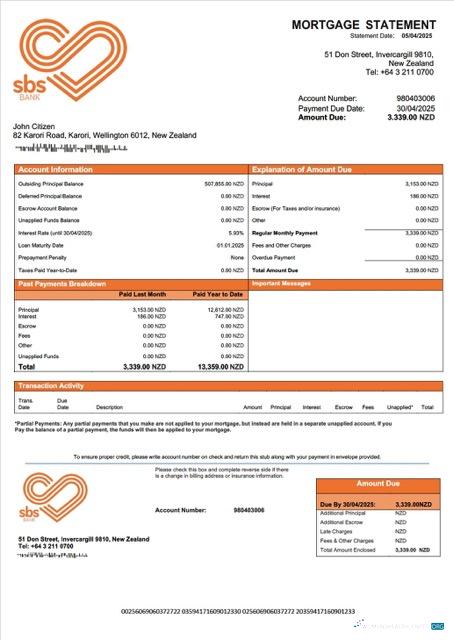 Download New Zealand SBS Bank mortgage statement Word and PDF template Photoshop template